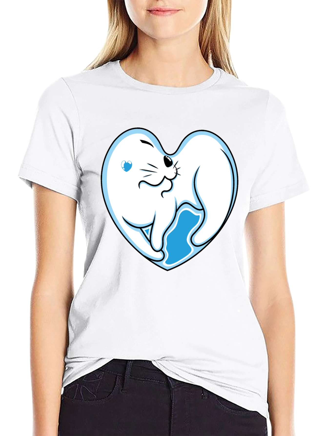 Cute Seal Heart Graphic Black T-Shirt