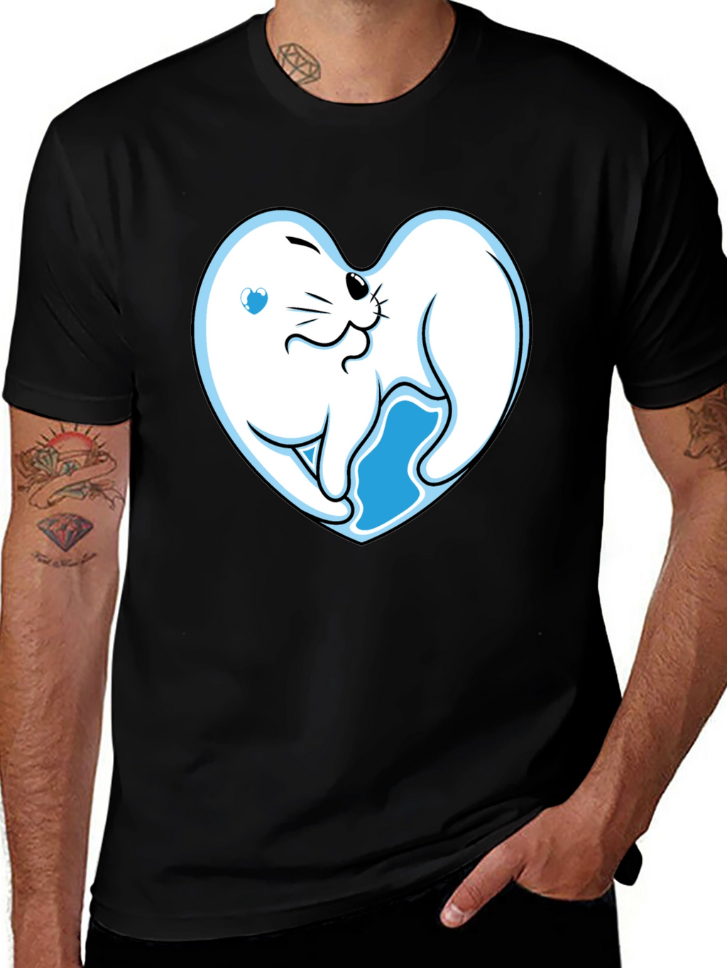 Cute Seal Heart Graphic Black T-Shirt