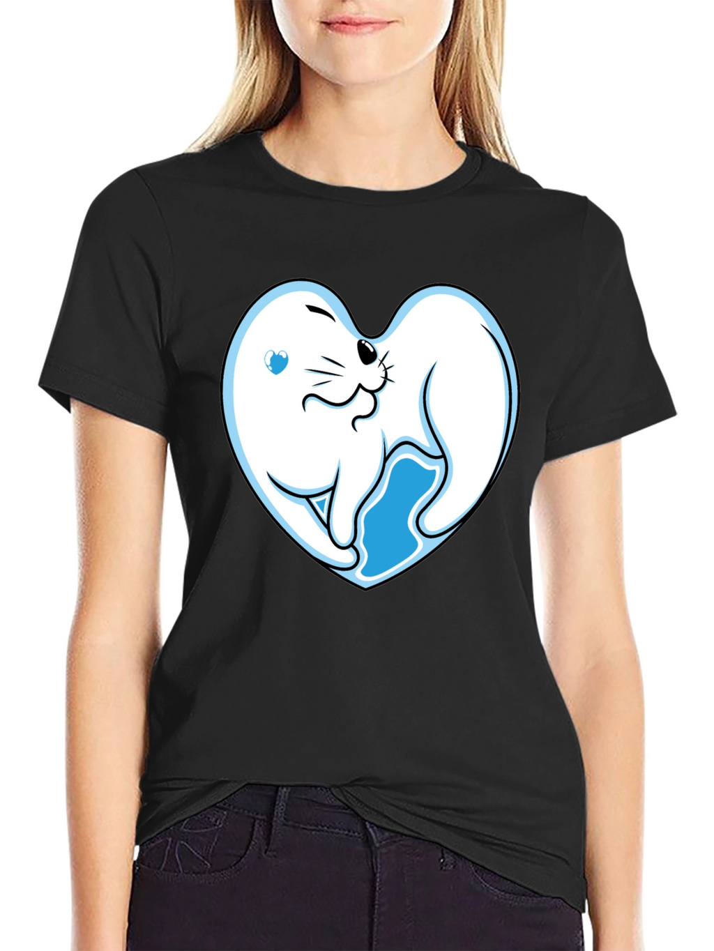 Cute Seal Heart Graphic Black T-Shirt