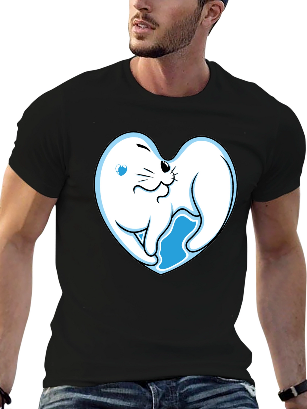 Cute Seal Heart Graphic Black T-Shirt