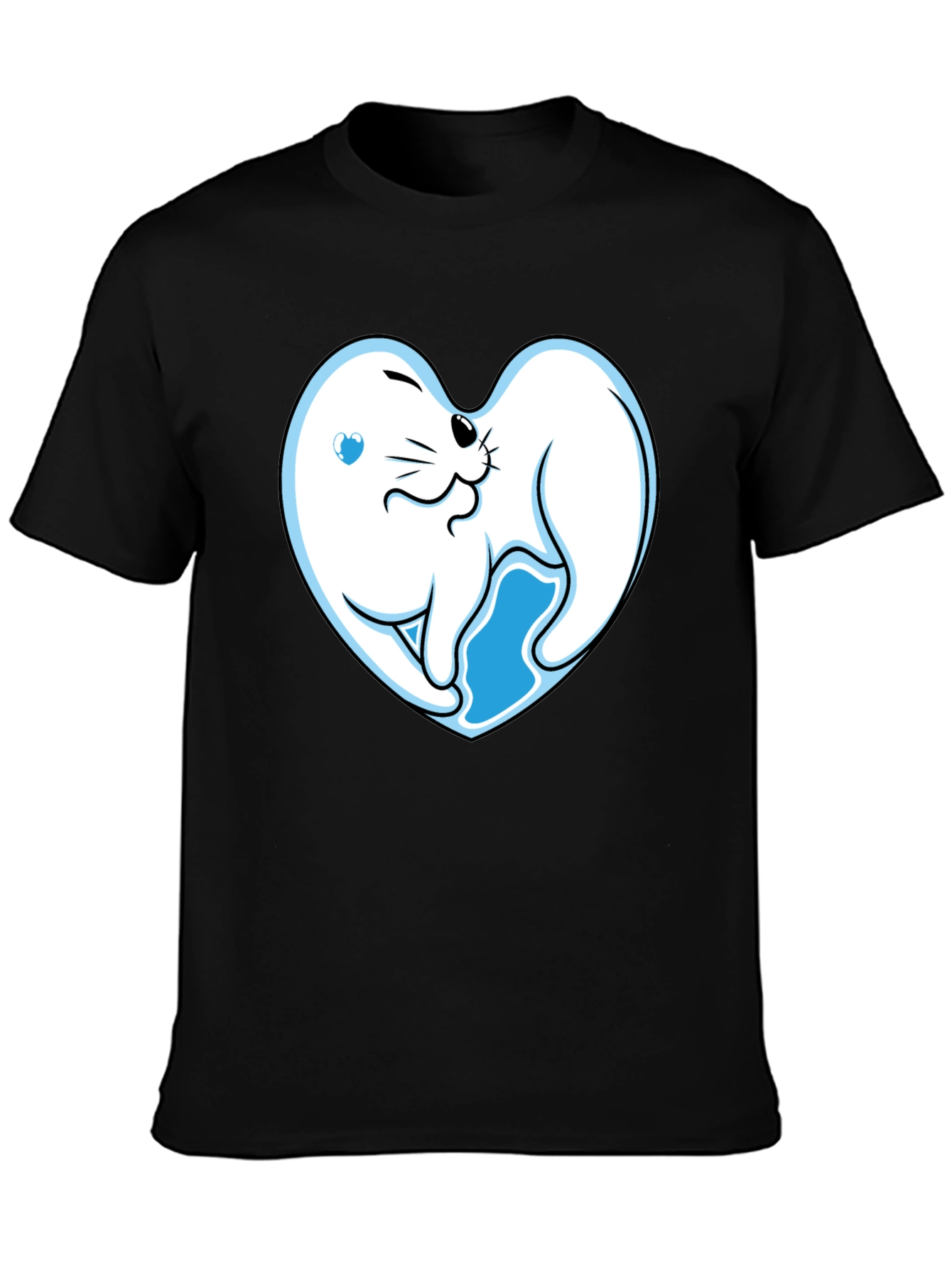 Cute Seal Heart Graphic Black T-Shirt