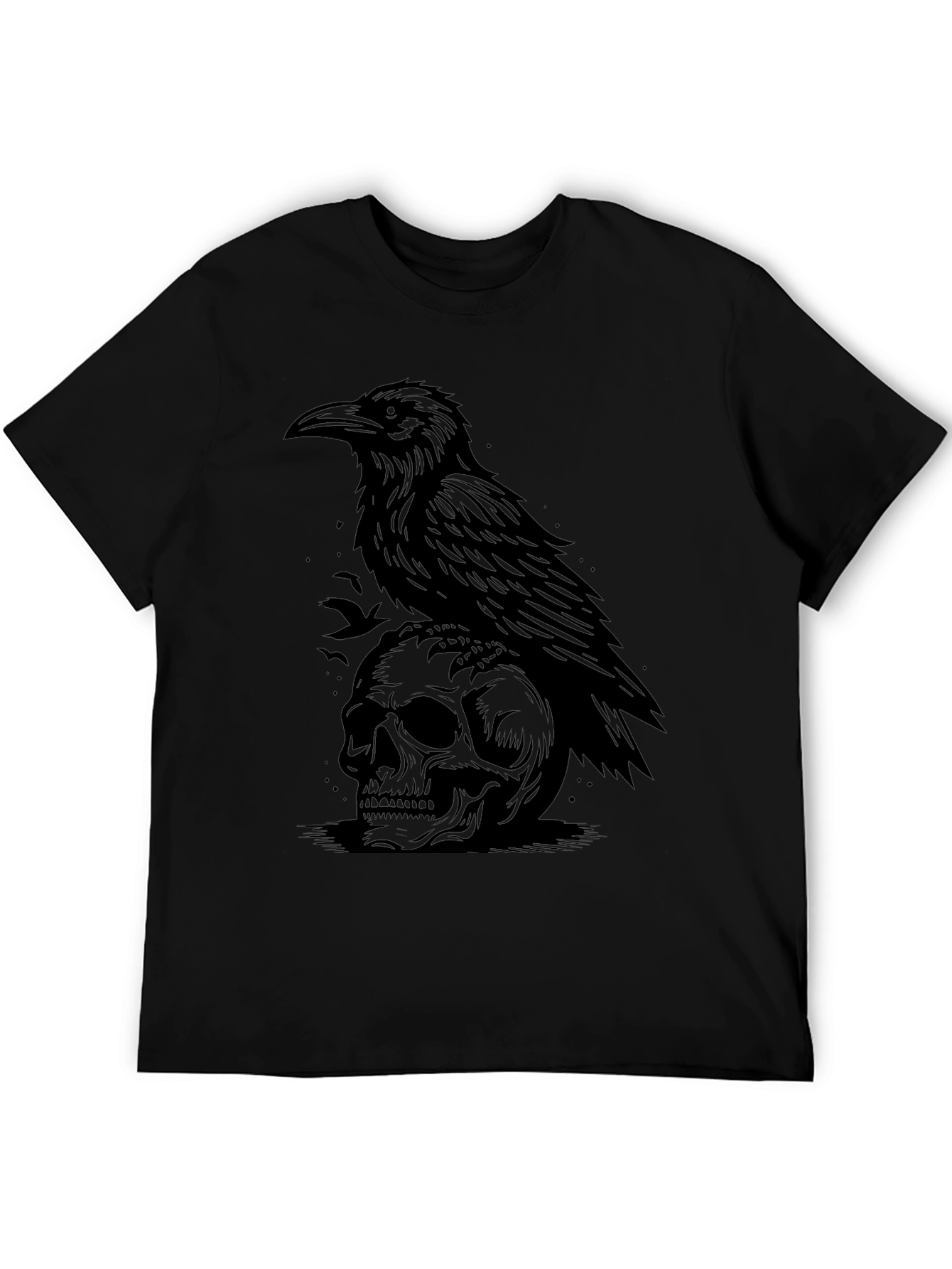 Raven on Skull Graphic Tee - Gothic Style Black T-Shirt