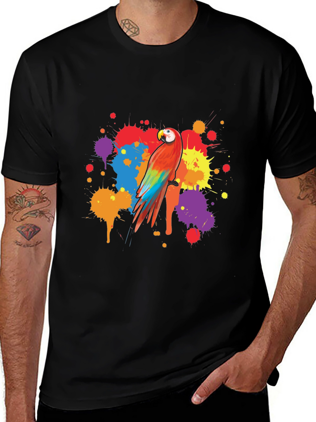 Vibrant Parrot Graphic Tee - Stylish Mens Black T-Shirt