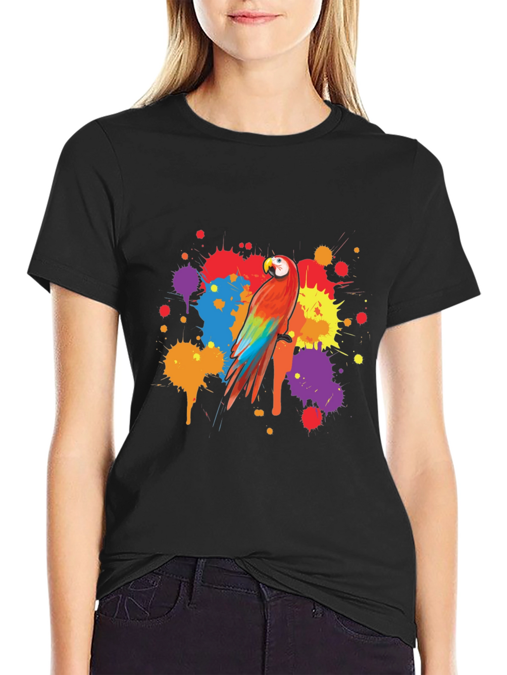 Vibrant Parrot Graphic Tee - Stylish Mens Black T-Shirt