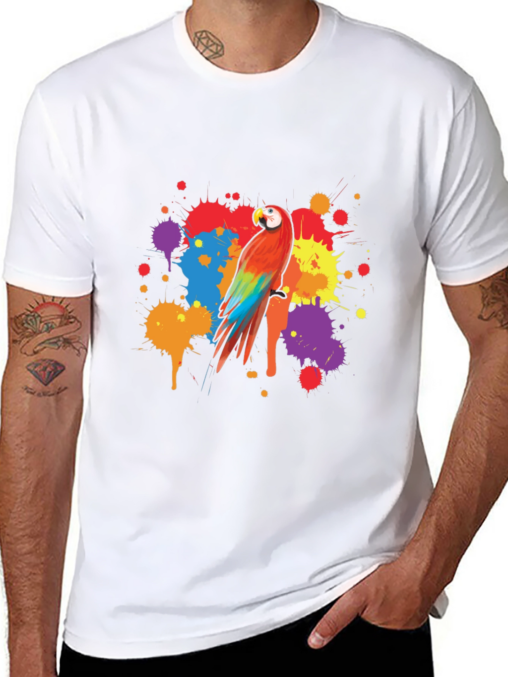 Vibrant Parrot Graphic Tee - Stylish Mens Black T-Shirt