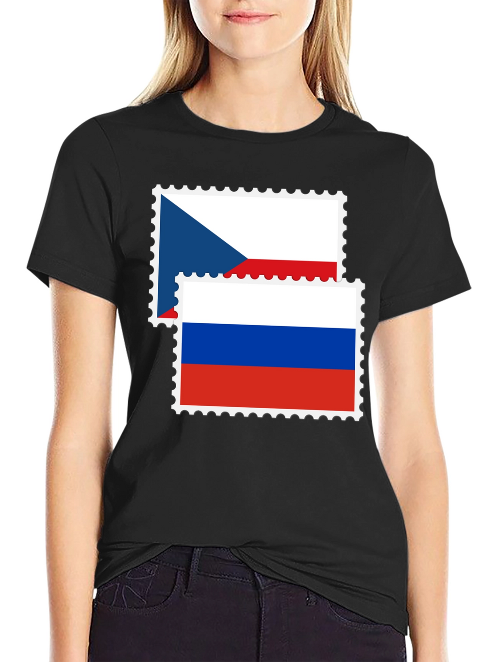 Czech Russia Flag Stamp Black Graphic Tee