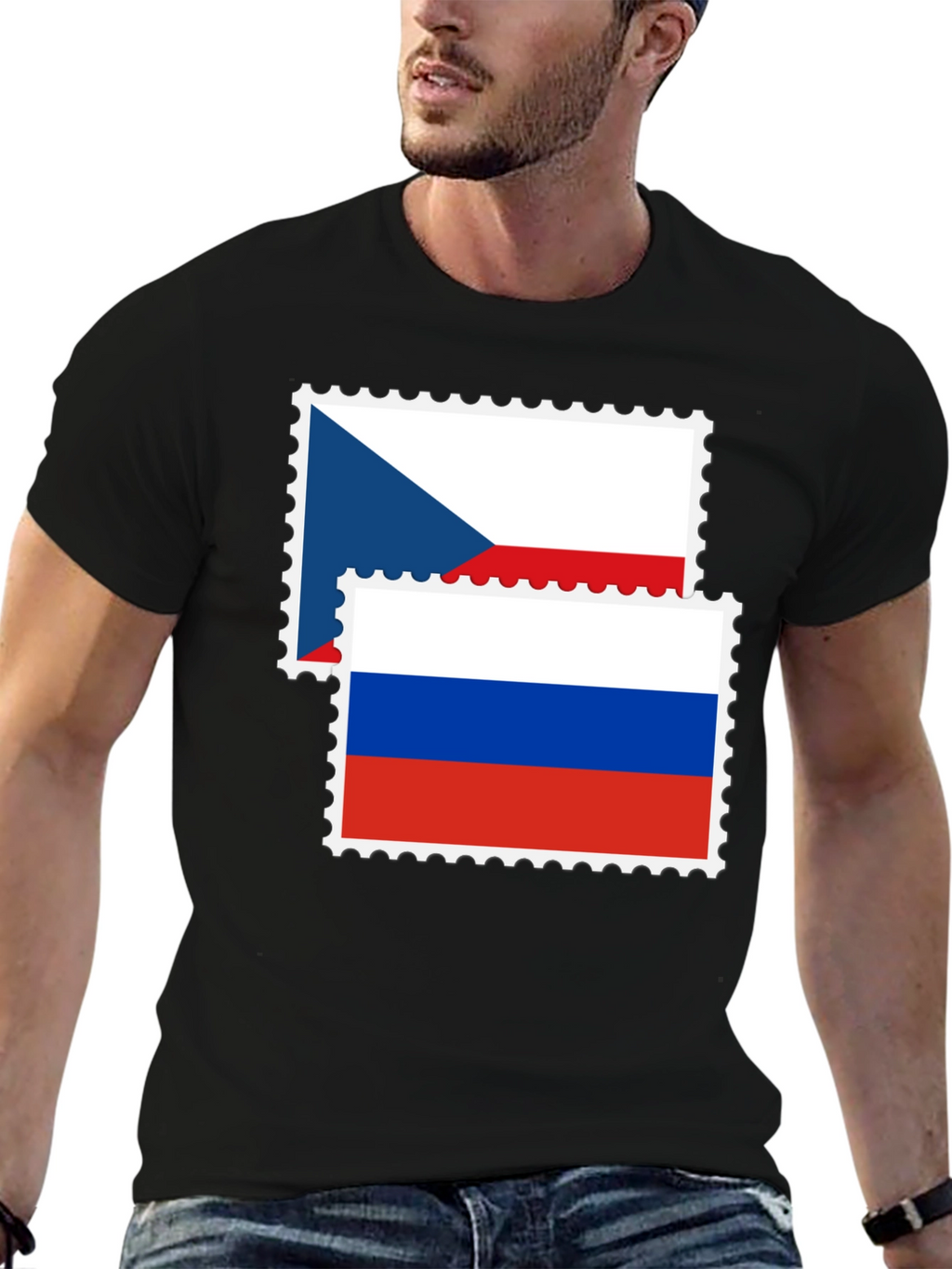 Czech Russia Flag Stamp Black Graphic Tee