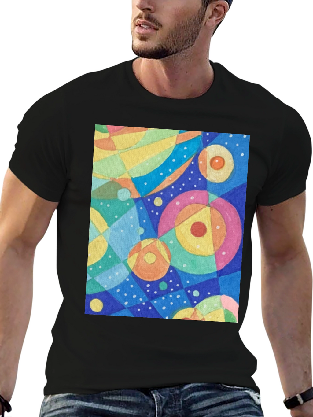 Abstract Circle Pattern Graphic Tee - Black