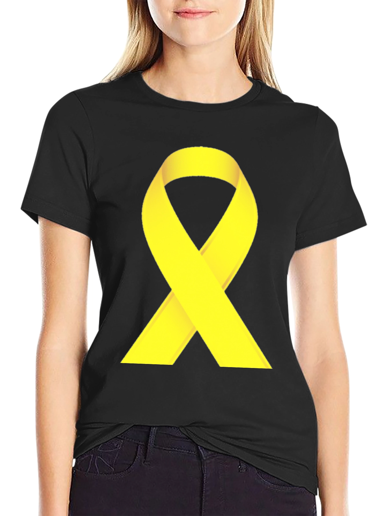 Black T-Shirt with Yellow Ribbon Graphic