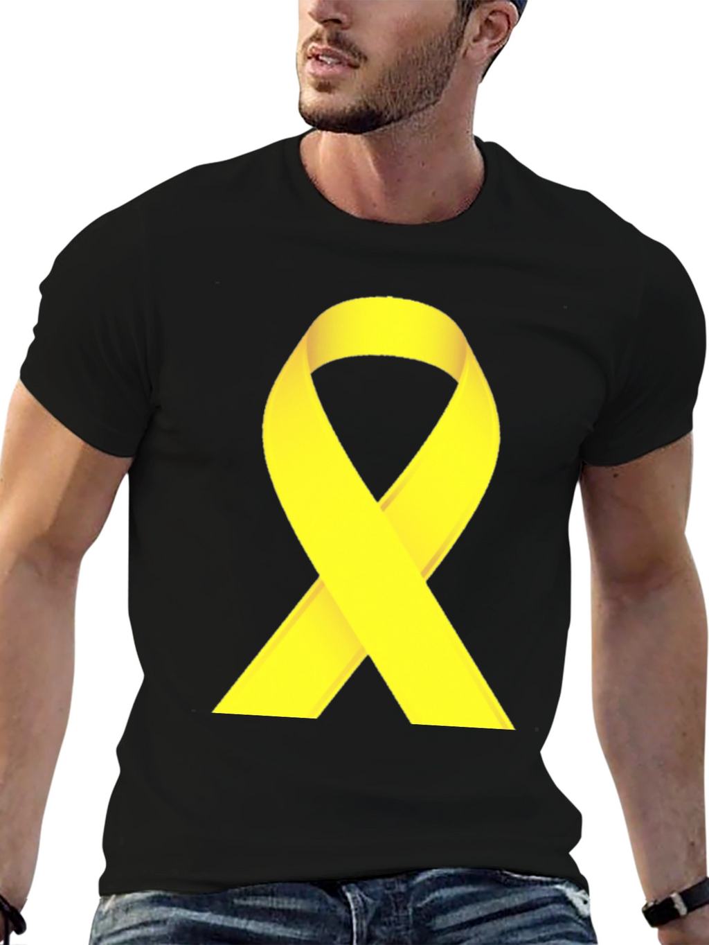 Black T-Shirt with Yellow Ribbon Graphic