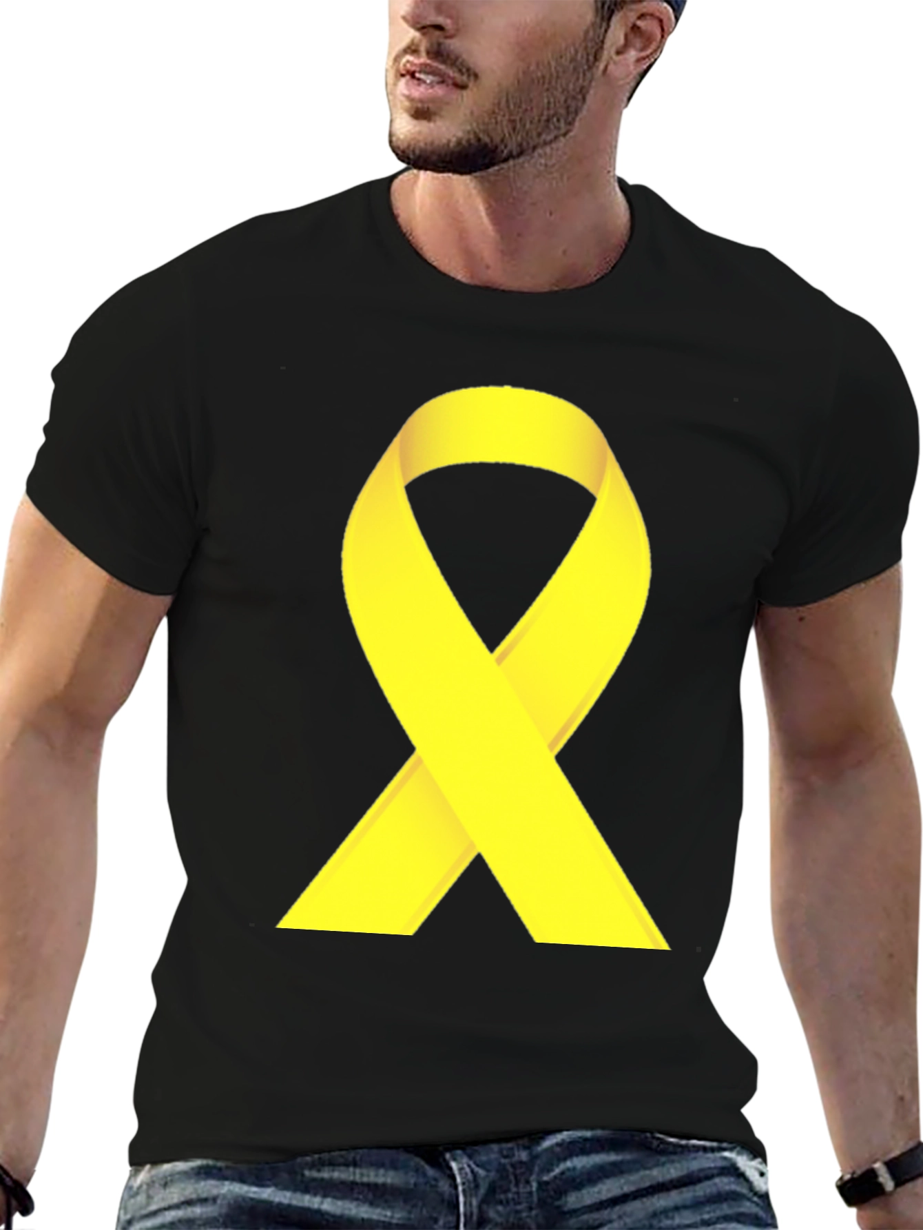 Black T-Shirt with Yellow Ribbon Graphic