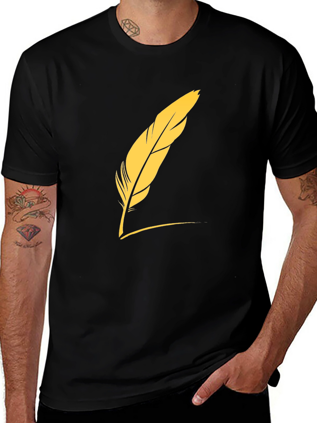 Mens Black T-Shirt with Feather Graphic