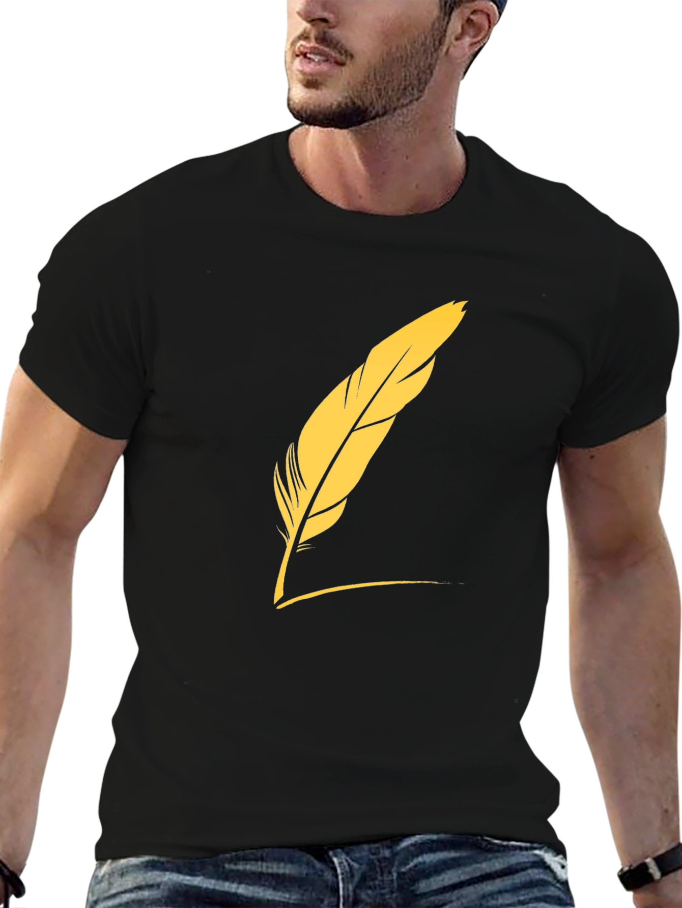 Mens Black T-Shirt with Feather Graphic