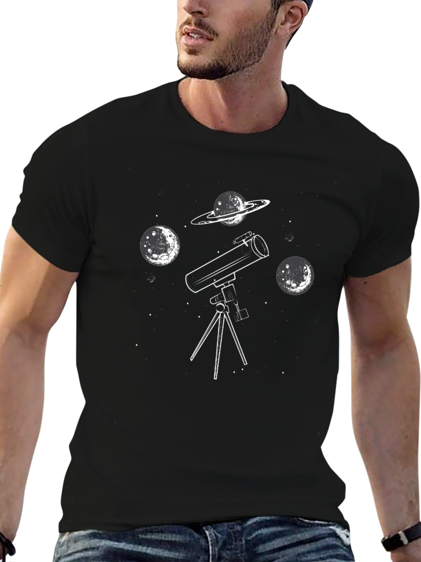 Astronomy Telescope Graphic Tee - Black Cotton