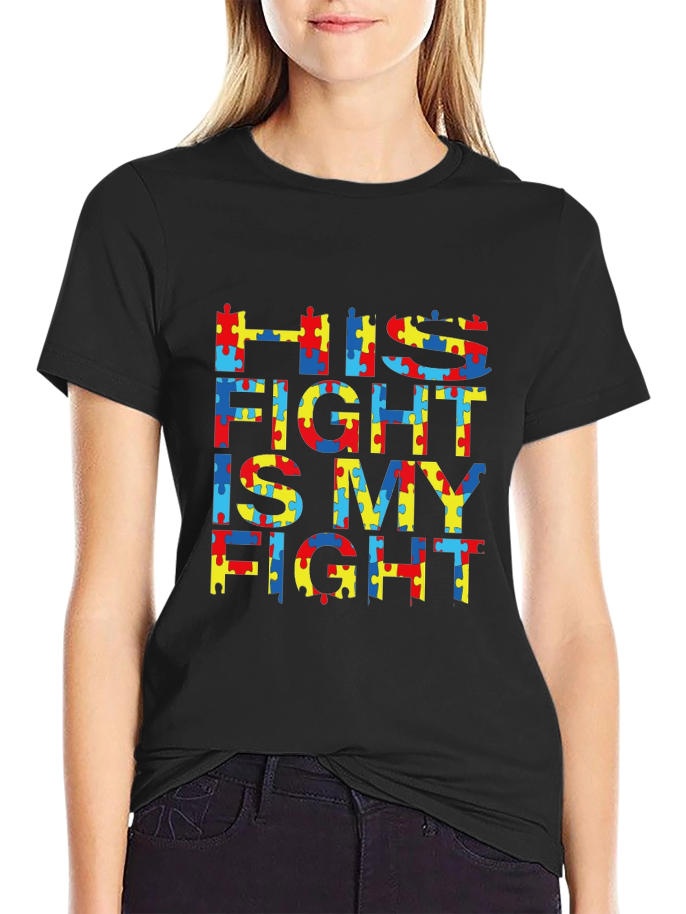 Autism Awareness Puzzle T-Shirt - His Fight Is My Fight