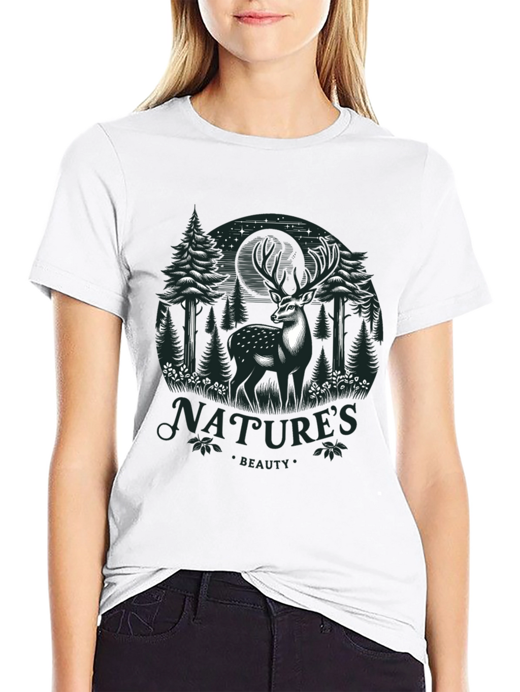 Natures Beauty Deer Graphic Black T-Shirt