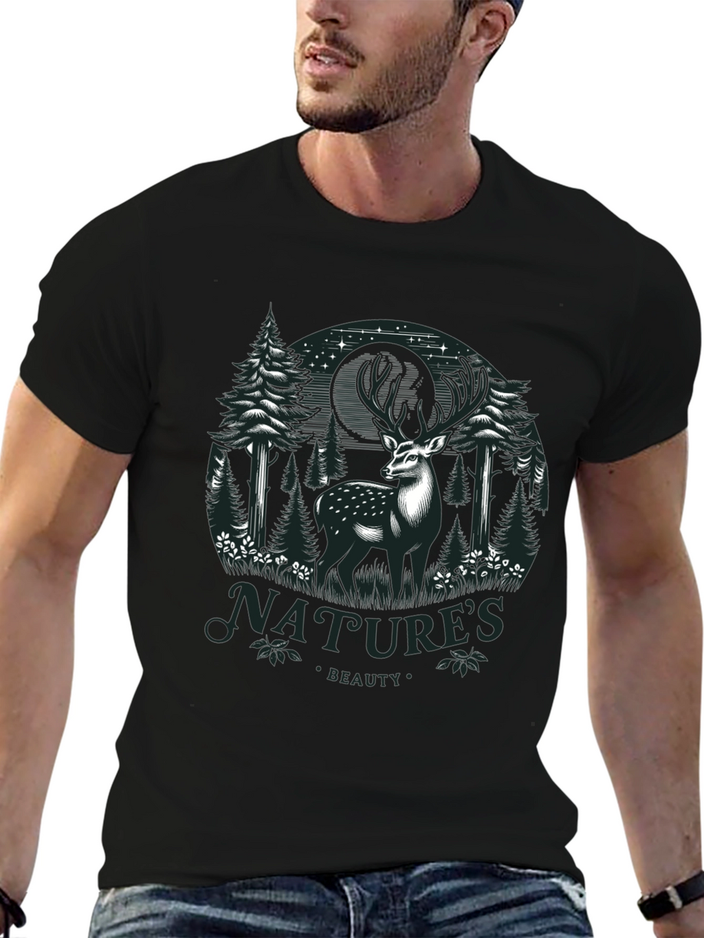 Natures Beauty Deer Graphic Black T-Shirt