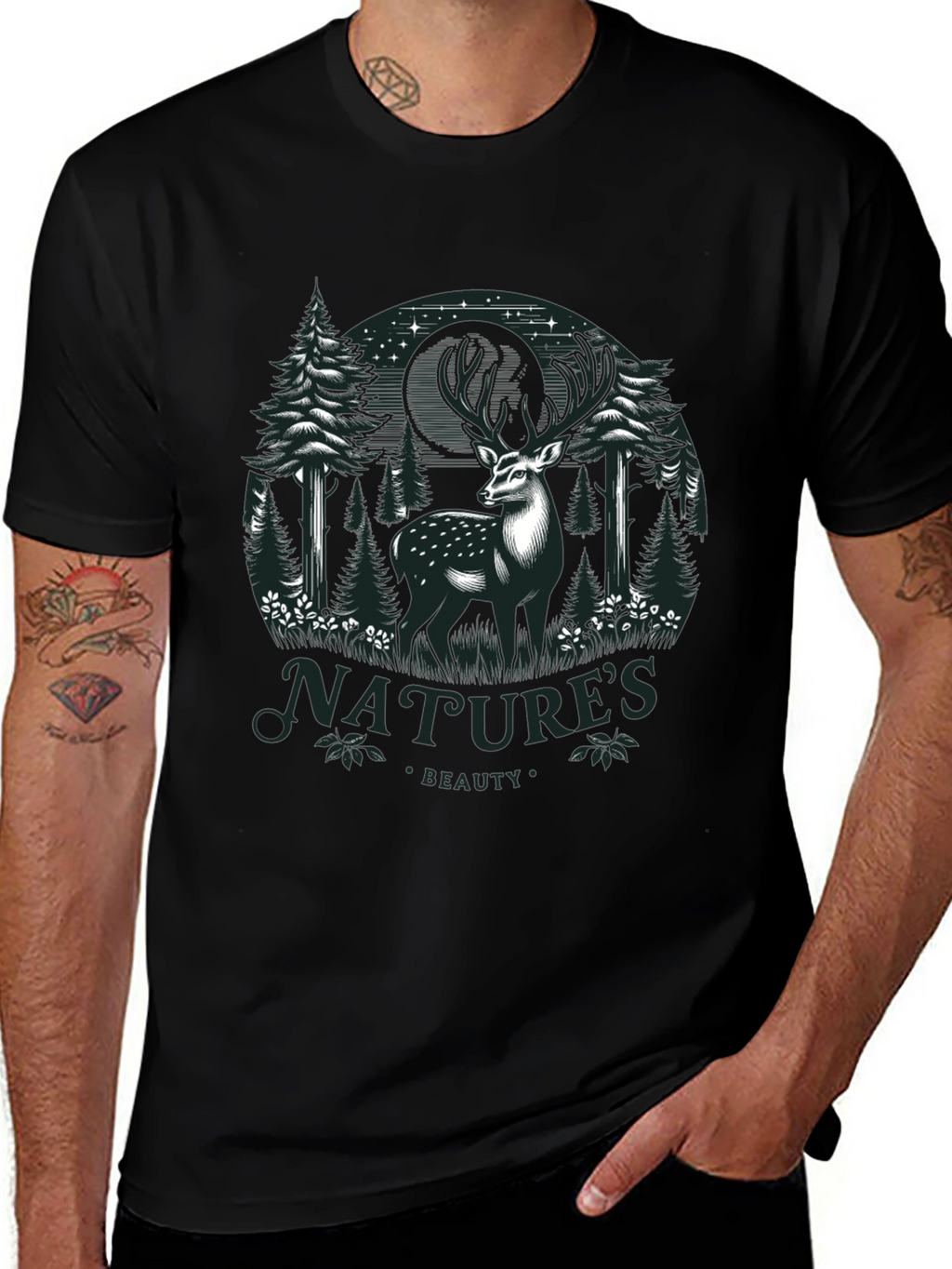 Natures Beauty Deer Graphic Black T-Shirt