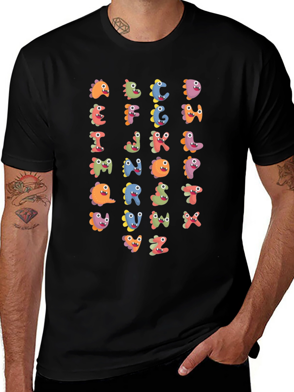 Fun Alphabet Dinosaur Print Black T-Shirt