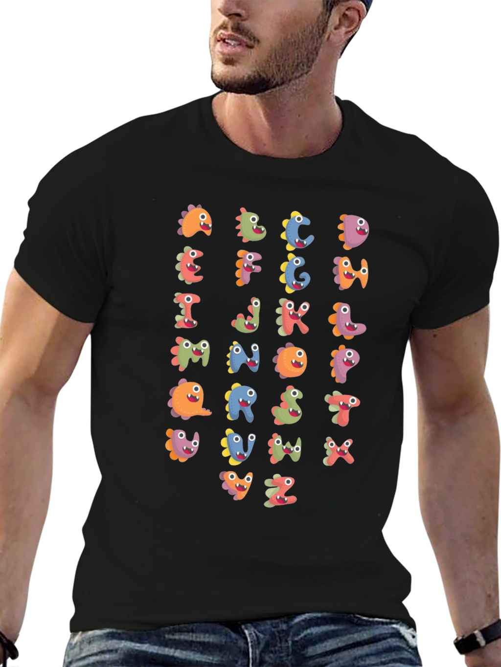Fun Alphabet Dinosaur Print Black T-Shirt
