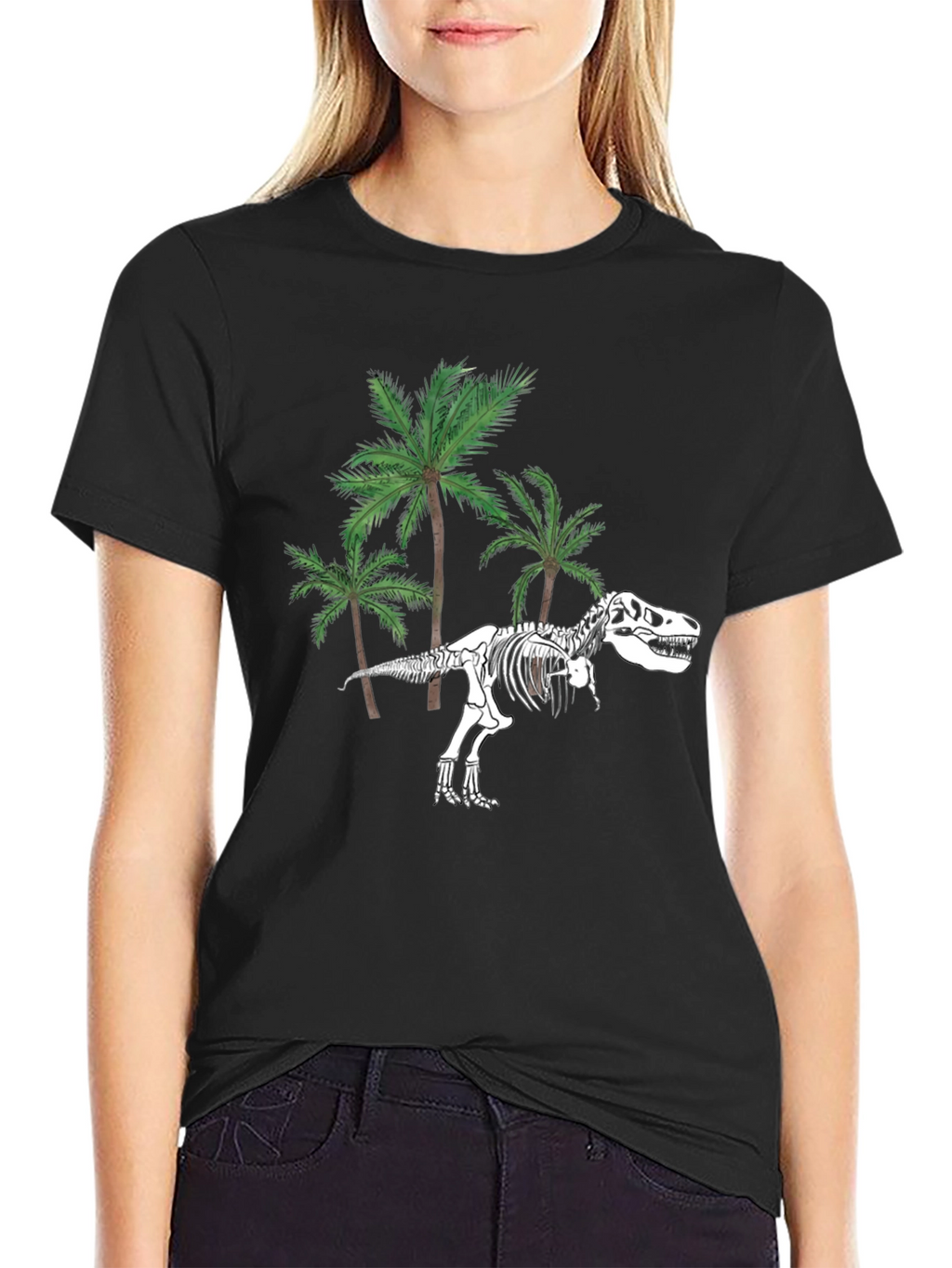 Dino Skeleton & Palm Trees Graphic Tee - Black