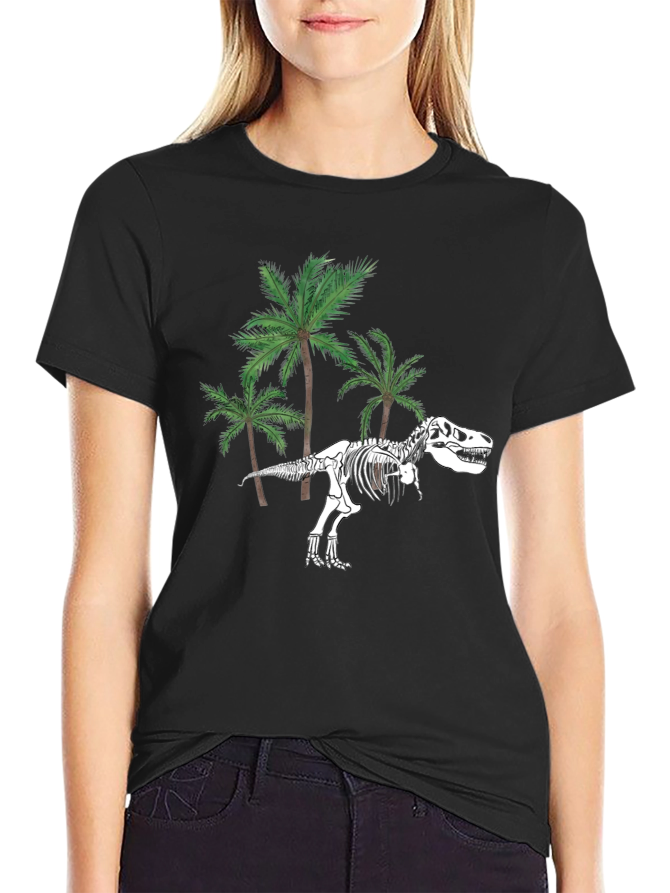 Dino Skeleton & Palm Trees Graphic Tee - Black