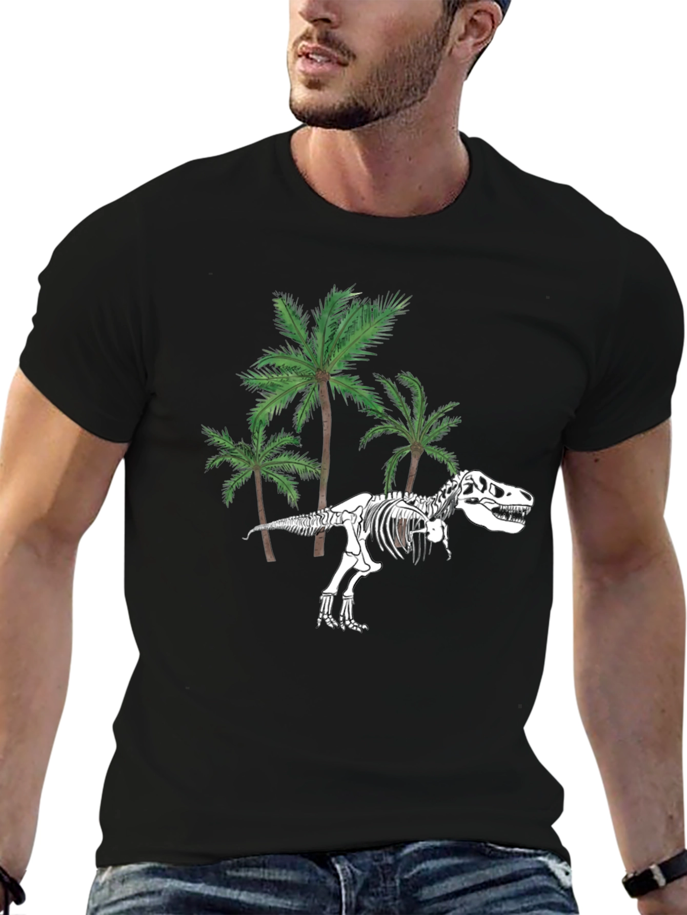 Dino Skeleton & Palm Trees Graphic Tee - Black