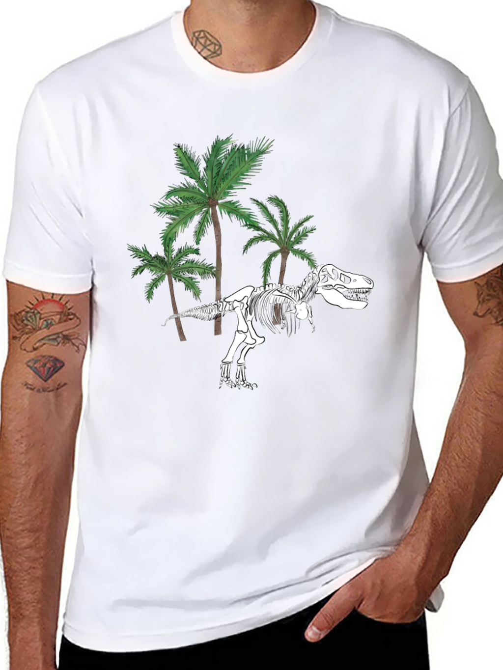 Dino Skeleton & Palm Trees Graphic Tee - Black