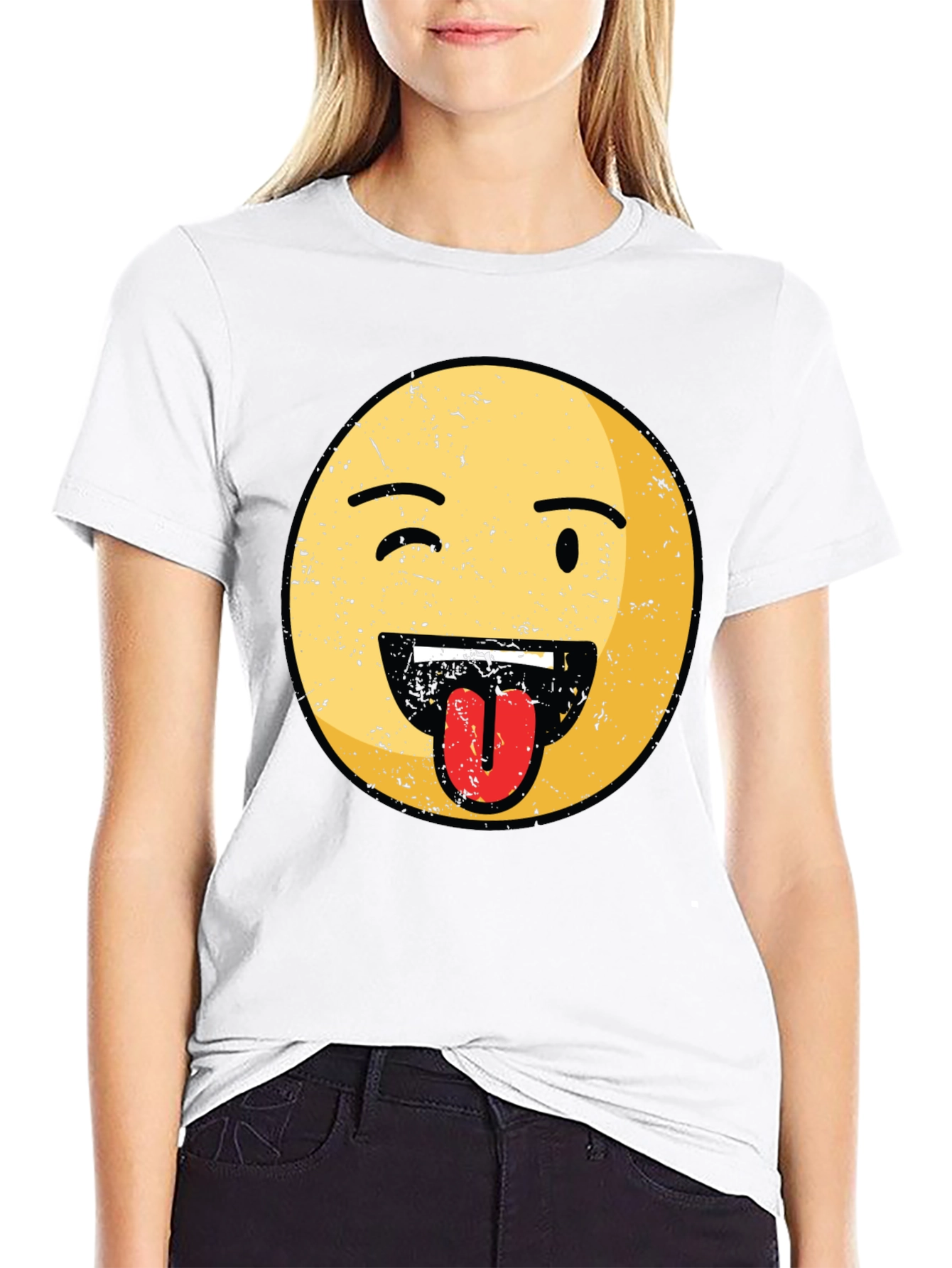 Winking Emoji Tongue Out Graphic Tee - Black