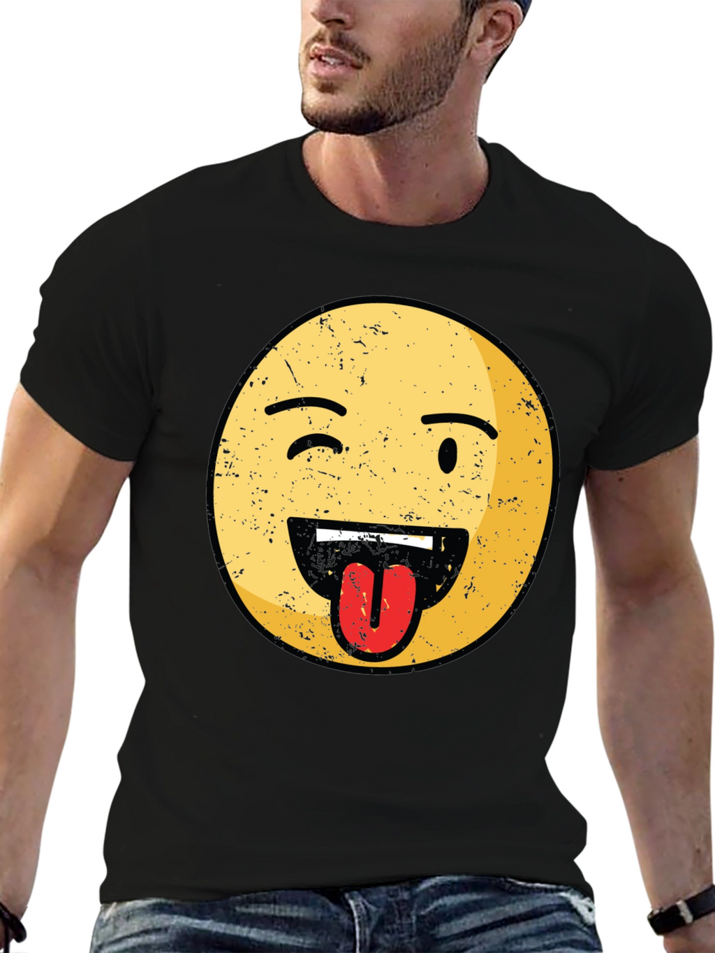 Winking Emoji Tongue Out Graphic Tee - Black